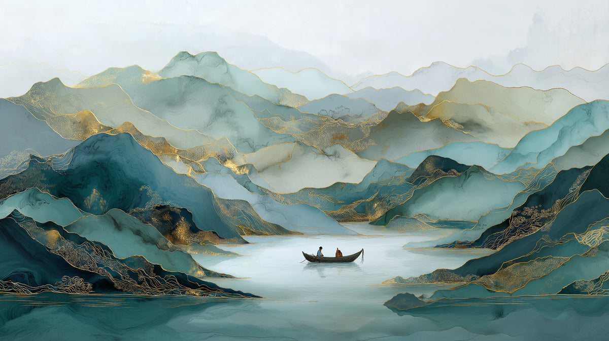 Traditional Teal Ink Wash Mountain Mural Wallpaper | Gold Veined Ethereal Oriental Landscape