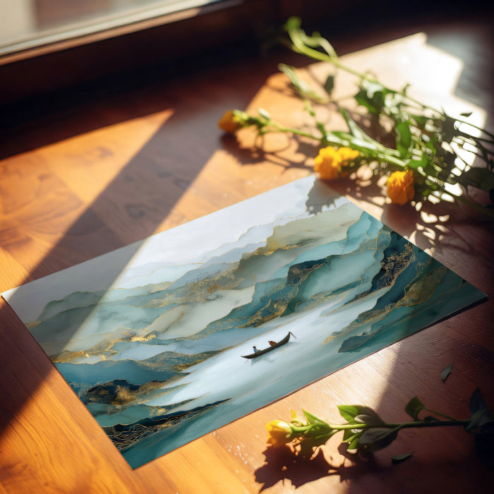 Traditional Teal Ink Wash Mountain Mural Wallpaper | Gold Veined Ethereal Oriental Landscape