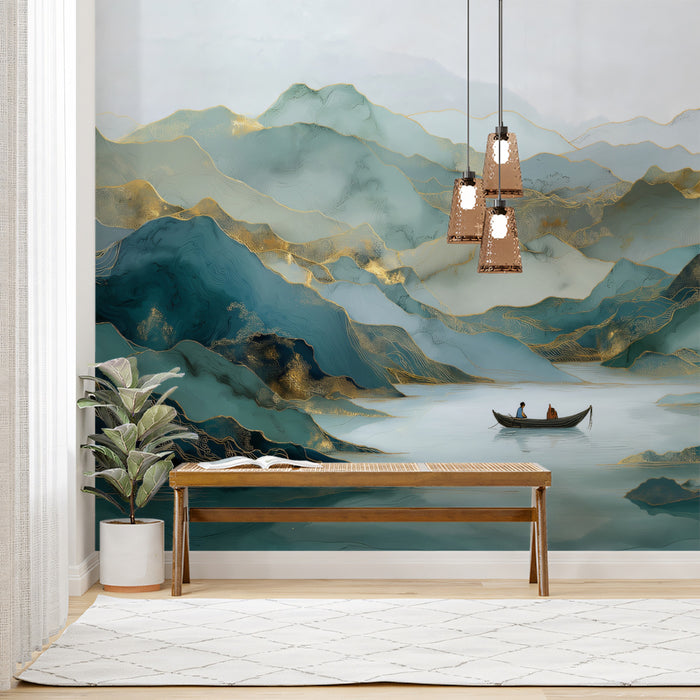 Traditional Teal Ink Wash Mountain Mural Wallpaper | Gold Veined Ethereal Oriental Landscape