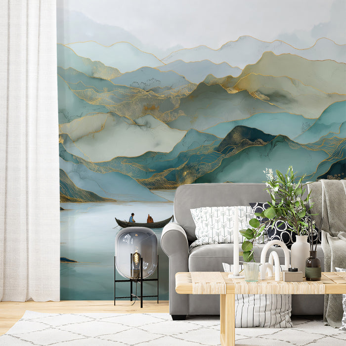 Traditional Teal Ink Wash Mountain Mural Wallpaper | Gold Veined Ethereal Oriental Landscape