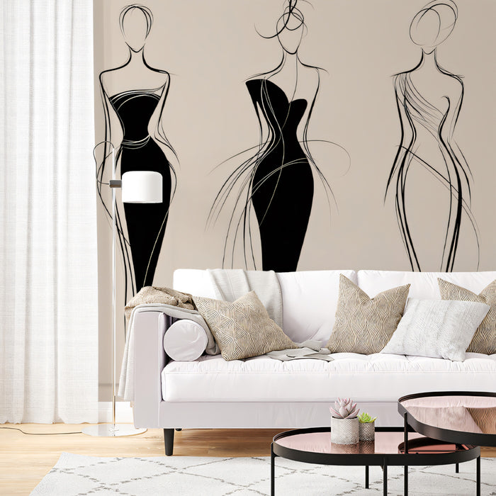 Minimalist Fashion Silhouette Line Art Mural Wallpaper | Elegant Haute Couture Sketch, Neutral Beige