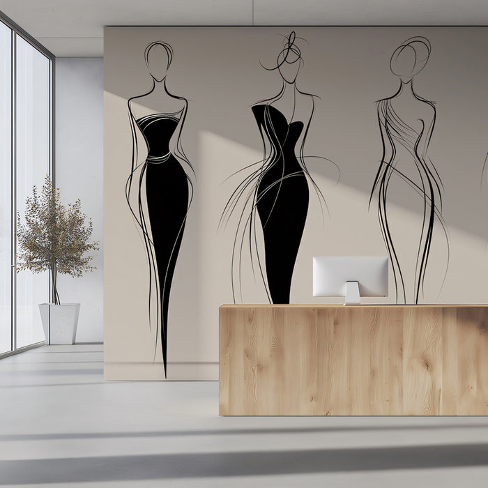 Minimalist Fashion Silhouette Line Art Mural Wallpaper | Elegant Haute Couture Sketch, Neutral Beige