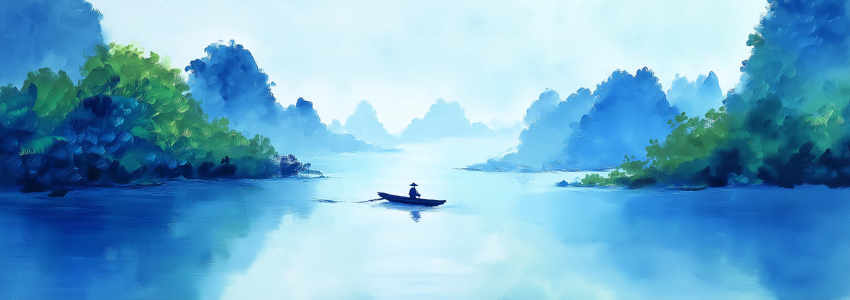 Impressionist Blue Mountain Lake Mural Wallpaper | Textured Oil Painting, Solitary Boat Seascape