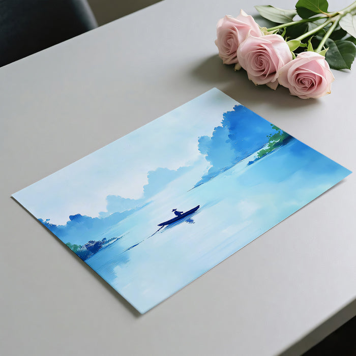 Impressionist Blue Mountain Lake Mural Wallpaper | Textured Oil Painting, Solitary Boat Seascape