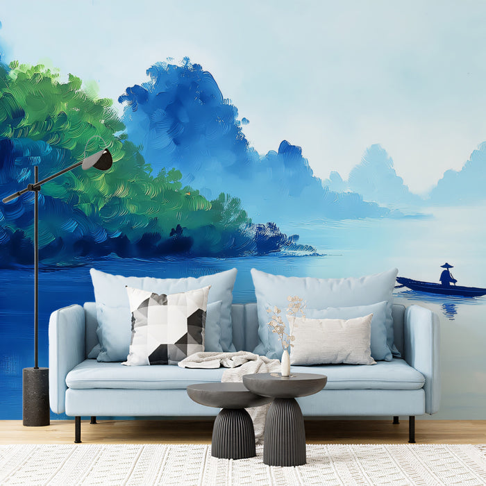 Impressionist Blue Mountain Lake Mural Wallpaper | Textured Oil Painting, Solitary Boat Seascape
