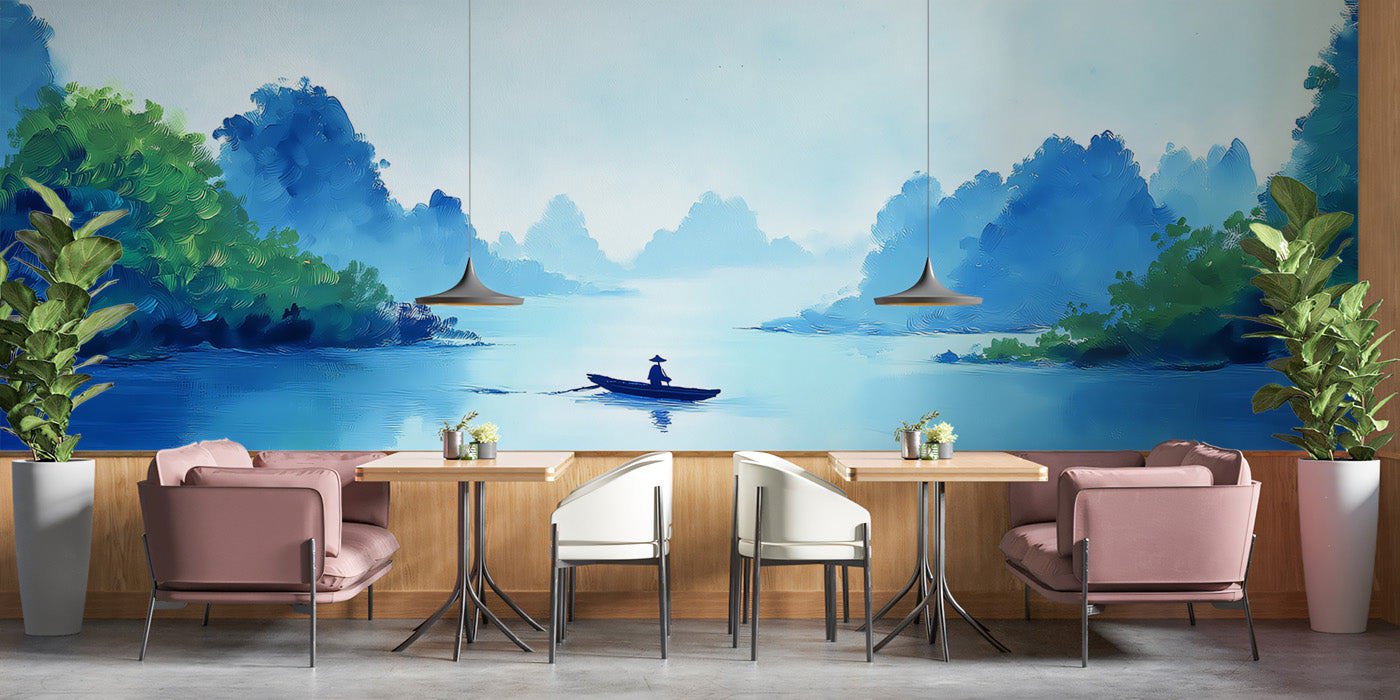 Impressionist Blue Mountain Lake Mural Wallpaper | Textured Oil Painting, Solitary Boat Seascape