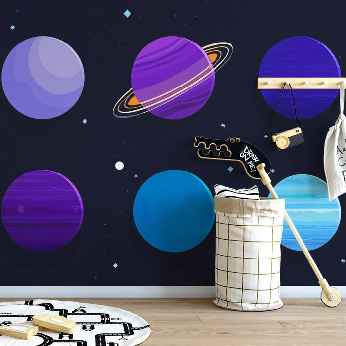 Cartoon Cosmic Planet Collection Mural Wallpaper | Purple Space Galaxy, Whimsical Solar System