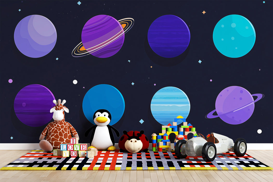 Cartoon Cosmic Planet Collection Mural Wallpaper | Purple Space Galaxy, Whimsical Solar System