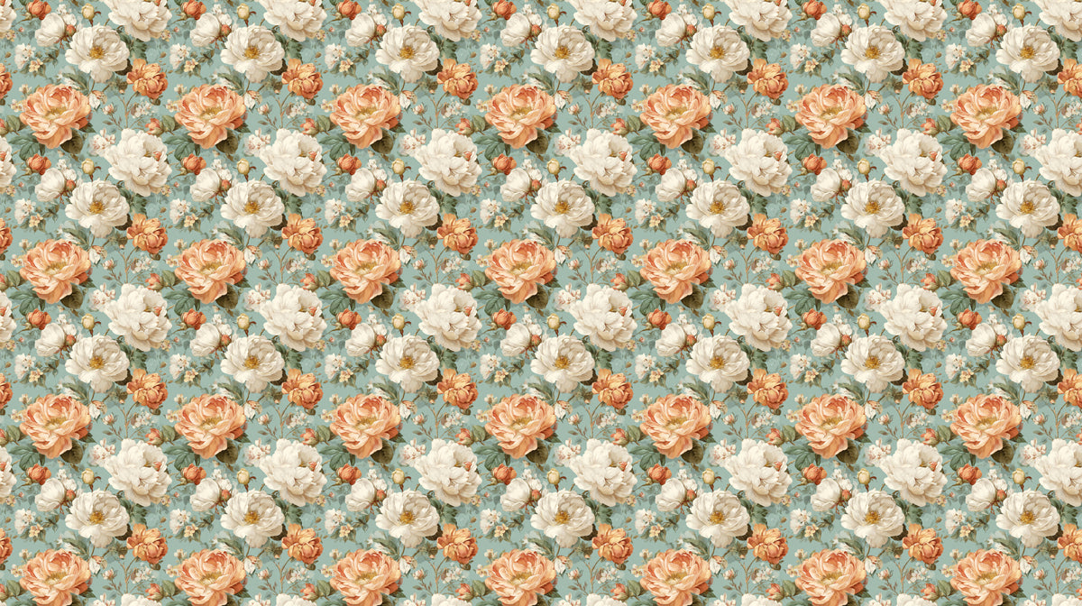 Romantic Vintage Peony Pattern Mural Wallpaper | Light Teal Background, Shabby Chic Botanical