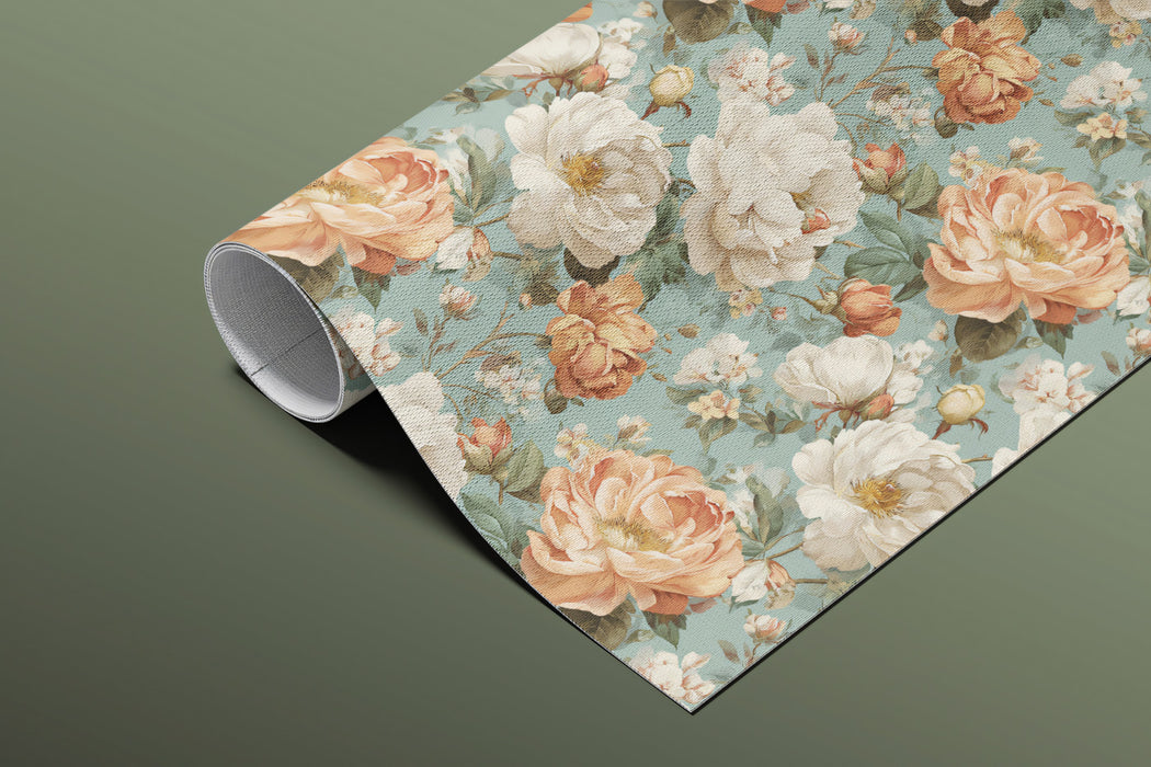 Romantic Vintage Peony Pattern Mural Wallpaper | Light Teal Background, Shabby Chic Botanical