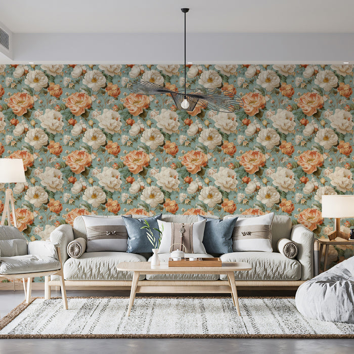 Romantic Vintage Peony Pattern Mural Wallpaper | Light Teal Background, Shabby Chic Botanical