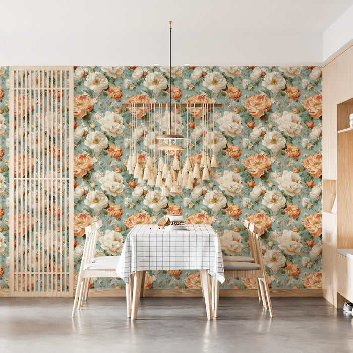 Romantic Vintage Peony Pattern Mural Wallpaper | Light Teal Background, Shabby Chic Botanical