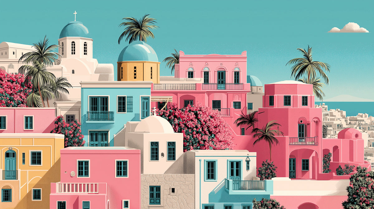 Vibrant Pink Mediterranean Village Mural Wallpaper | Santorini Inspired Flat Art, Pastel Coastal Scene