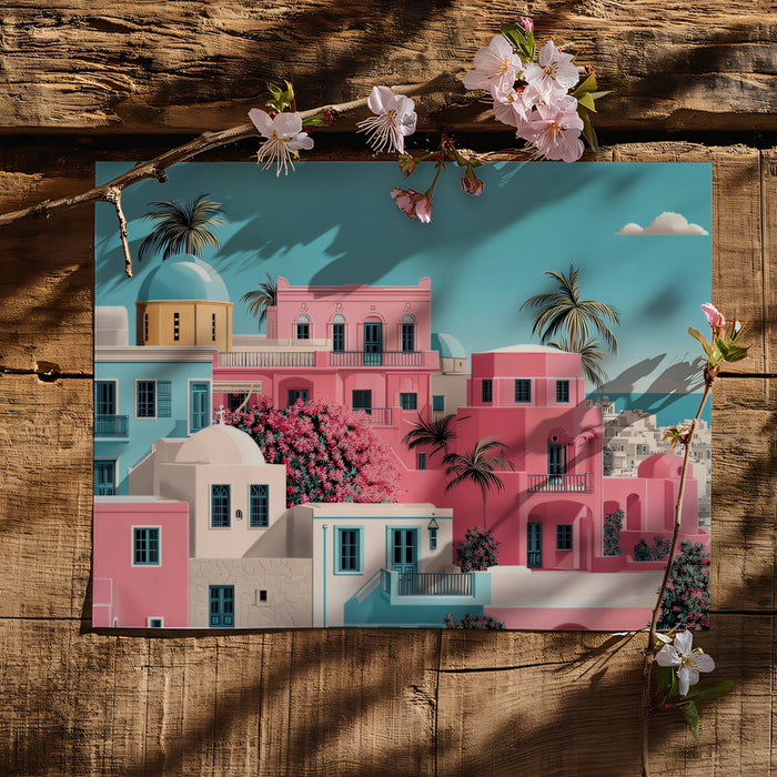 Vibrant Pink Mediterranean Village Mural Wallpaper | Santorini Inspired Flat Art, Pastel Coastal Scene