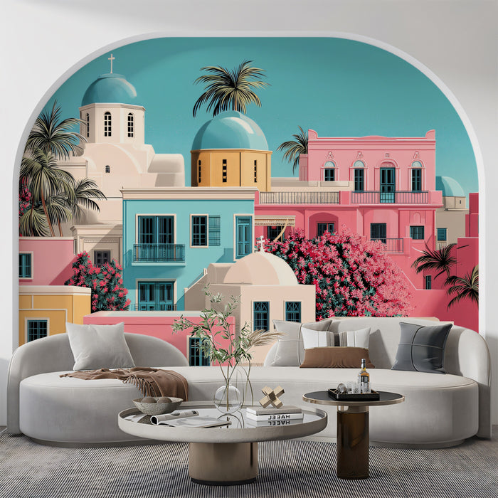 Vibrant Pink Mediterranean Village Mural Wallpaper | Santorini Inspired Flat Art, Pastel Coastal Scene