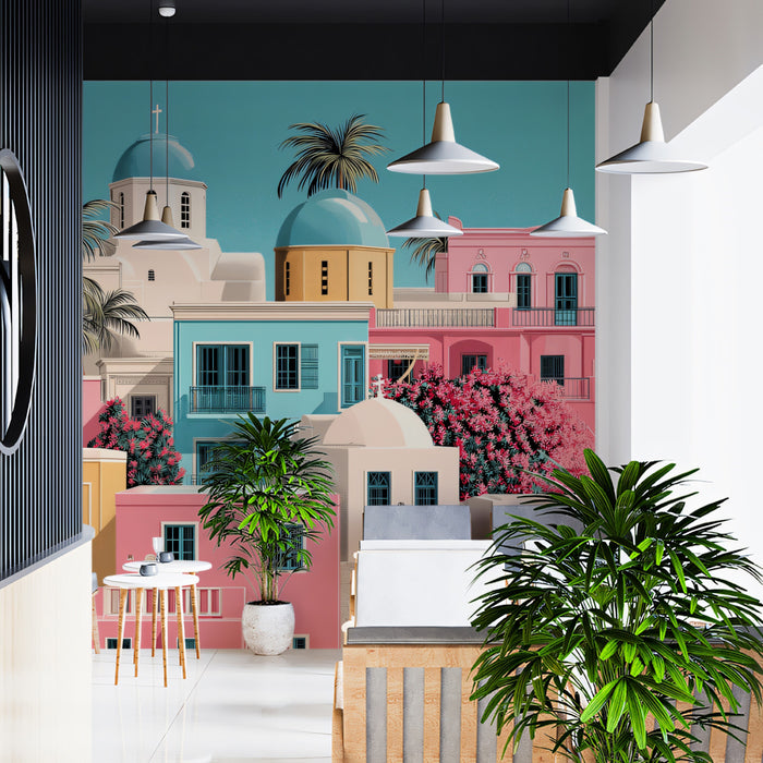 Vibrant Pink Mediterranean Village Mural Wallpaper | Santorini Inspired Flat Art, Pastel Coastal Scene