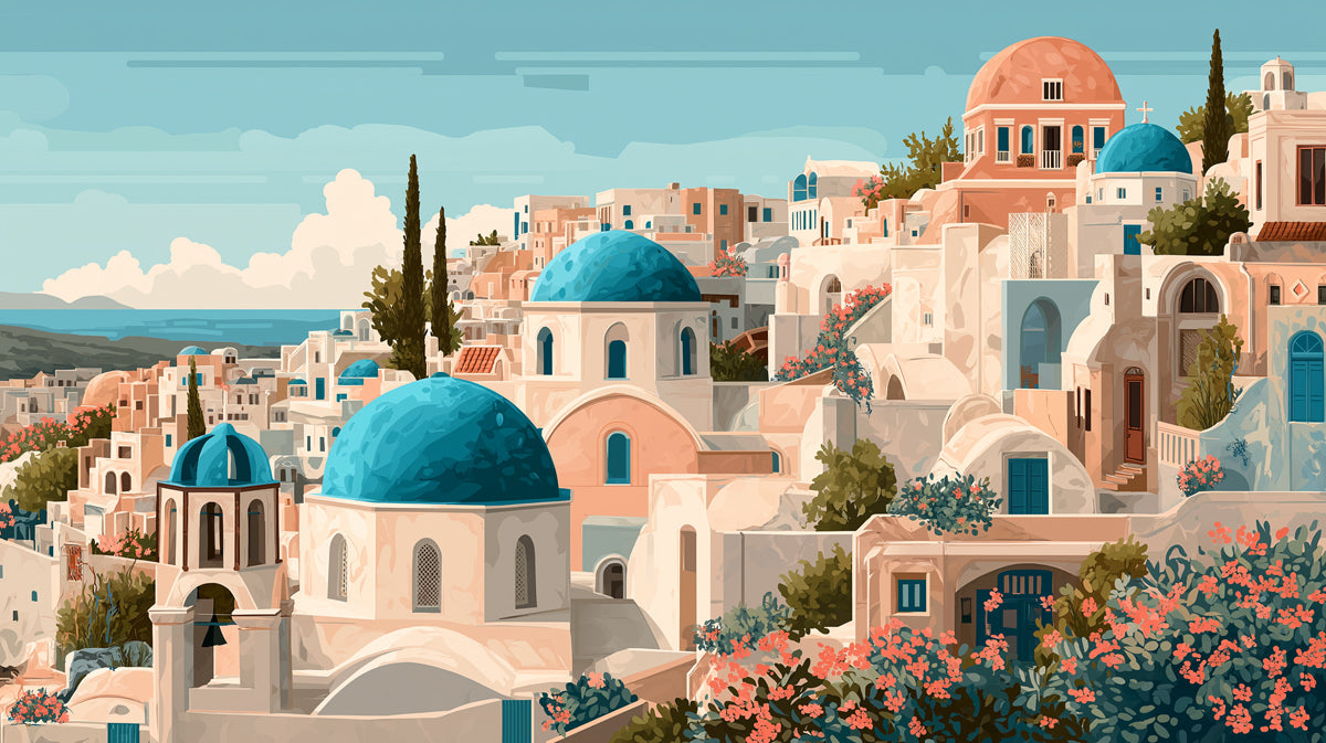Mediterranean Coastal Architecture Mural Wallpaper | Orange Domes, Detailed Santorini Seascape