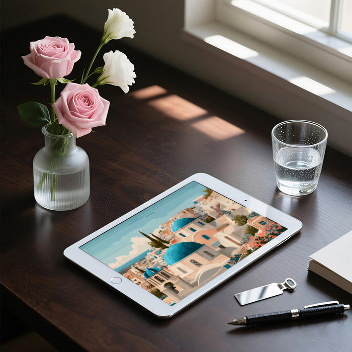 Mediterranean Coastal Architecture Mural Wallpaper | Orange Domes, Detailed Santorini Seascape