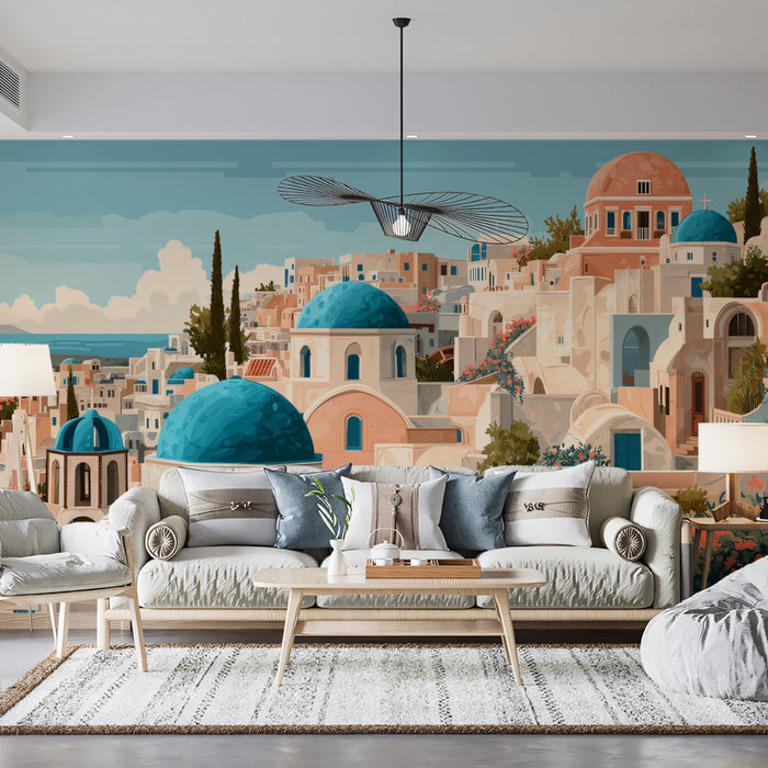 Mediterranean Coastal Architecture Mural Wallpaper | Orange Domes, Detailed Santorini Seascape
