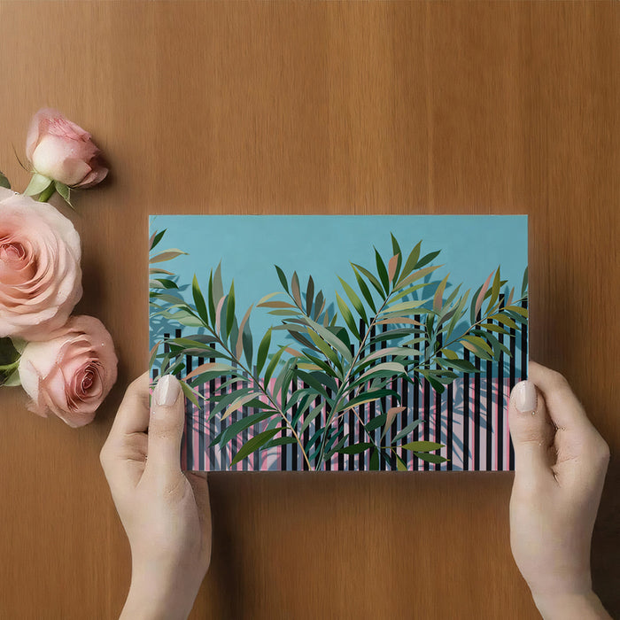 Modern Tropical Leaf Striped Mural Wallpaper | Pink Blue Geometric, Contemporary Botanical Pop Art