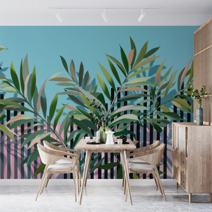 Modern Tropical Leaf Striped Mural Wallpaper | Pink Blue Geometric, Contemporary Botanical Pop Art