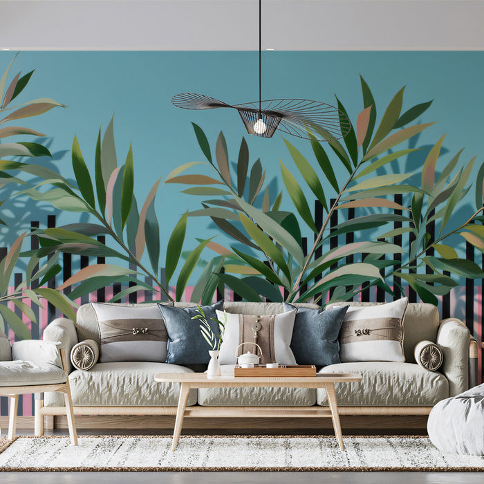 Modern Tropical Leaf Striped Mural Wallpaper | Pink Blue Geometric, Contemporary Botanical Pop Art