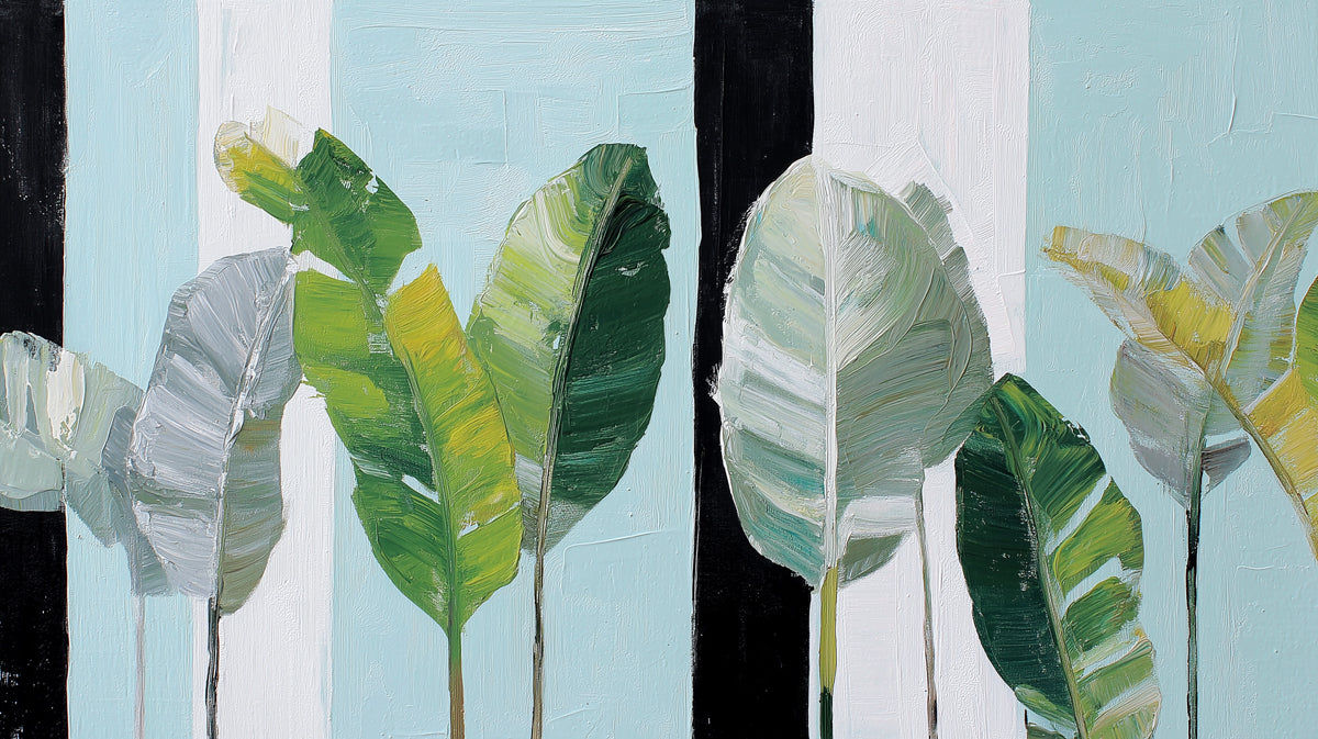 Textured Oil Painted Banana Leaves Mural Wallpaper | Bold Palette Knife Strokes, Modern Tropical Background