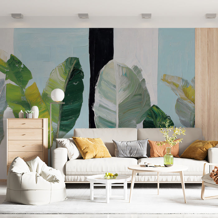 Textured Oil Painted Banana Leaves Mural Wallpaper | Bold Palette Knife Strokes, Modern Tropical Background