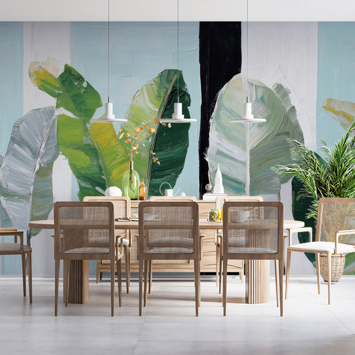 Textured Oil Painted Banana Leaves Mural Wallpaper | Bold Palette Knife Strokes, Modern Tropical Background