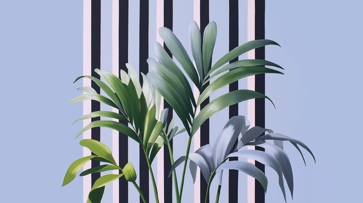 Modern Tropical Palm Leaf Striped Mural Wallpaper | Blue Pink Vertical Stripes, Contemporary Botanical