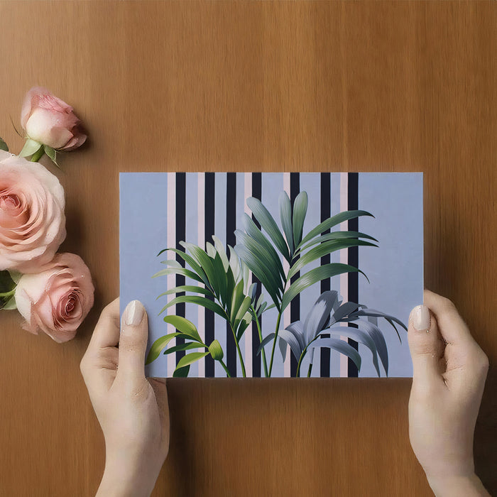 Modern Tropical Palm Leaf Striped Mural Wallpaper | Blue Pink Vertical Stripes, Contemporary Botanical