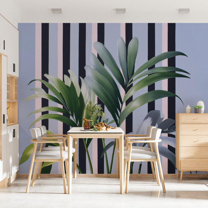 Modern Tropical Palm Leaf Striped Mural Wallpaper | Blue Pink Vertical Stripes, Contemporary Botanical