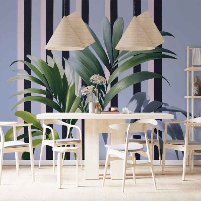 Modern Tropical Palm Leaf Striped Mural Wallpaper | Blue Pink Vertical Stripes, Contemporary Botanical
