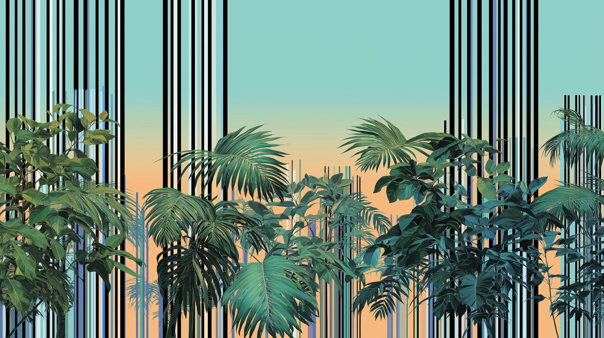 Vibrant Sunset Tropical Jungle Mural Wallpaper | Teal Orange Gradient, Modern Linear Background