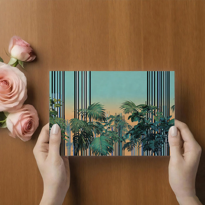 Vibrant Sunset Tropical Jungle Mural Wallpaper | Teal Orange Gradient, Modern Linear Background