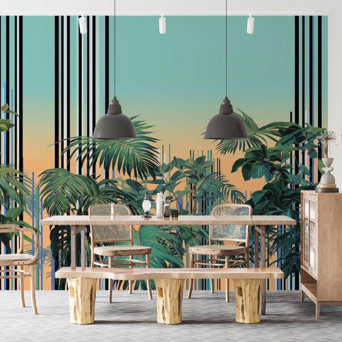 Vibrant Sunset Tropical Jungle Mural Wallpaper | Teal Orange Gradient, Modern Linear Background