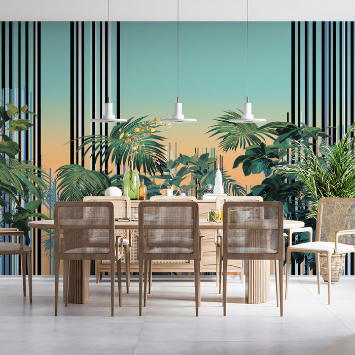 Vibrant Sunset Tropical Jungle Mural Wallpaper | Teal Orange Gradient, Modern Linear Background