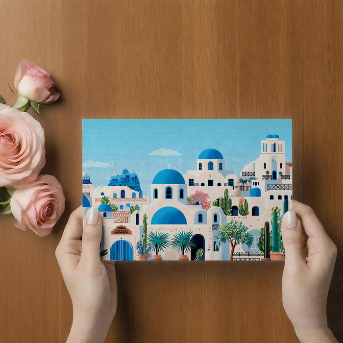 Flat Art Santorini Coastal Village Mural Wallpaper | Iconic Blue Domes, Pink Flowers, Desert Flora