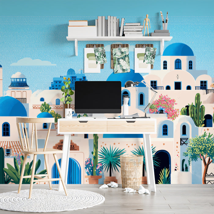 Flat Art Santorini Coastal Village Mural Wallpaper | Iconic Blue Domes, Pink Flowers, Desert Flora