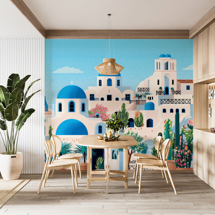 Flat Art Santorini Coastal Village Mural Wallpaper | Iconic Blue Domes, Pink Flowers, Desert Flora