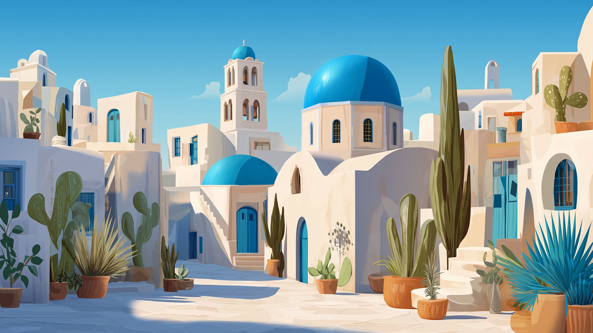 Minimalist Santorini Street Scene Mural Wallpaper | Blue Domes, White Walls, Cacti Decor