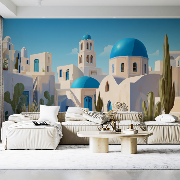 Minimalist Santorini Street Scene Mural Wallpaper | Blue Domes, White Walls, Cacti Decor