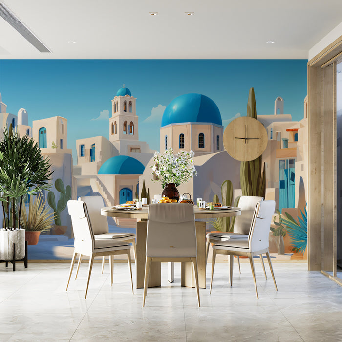 Minimalist Santorini Street Scene Mural Wallpaper | Blue Domes, White Walls, Cacti Decor