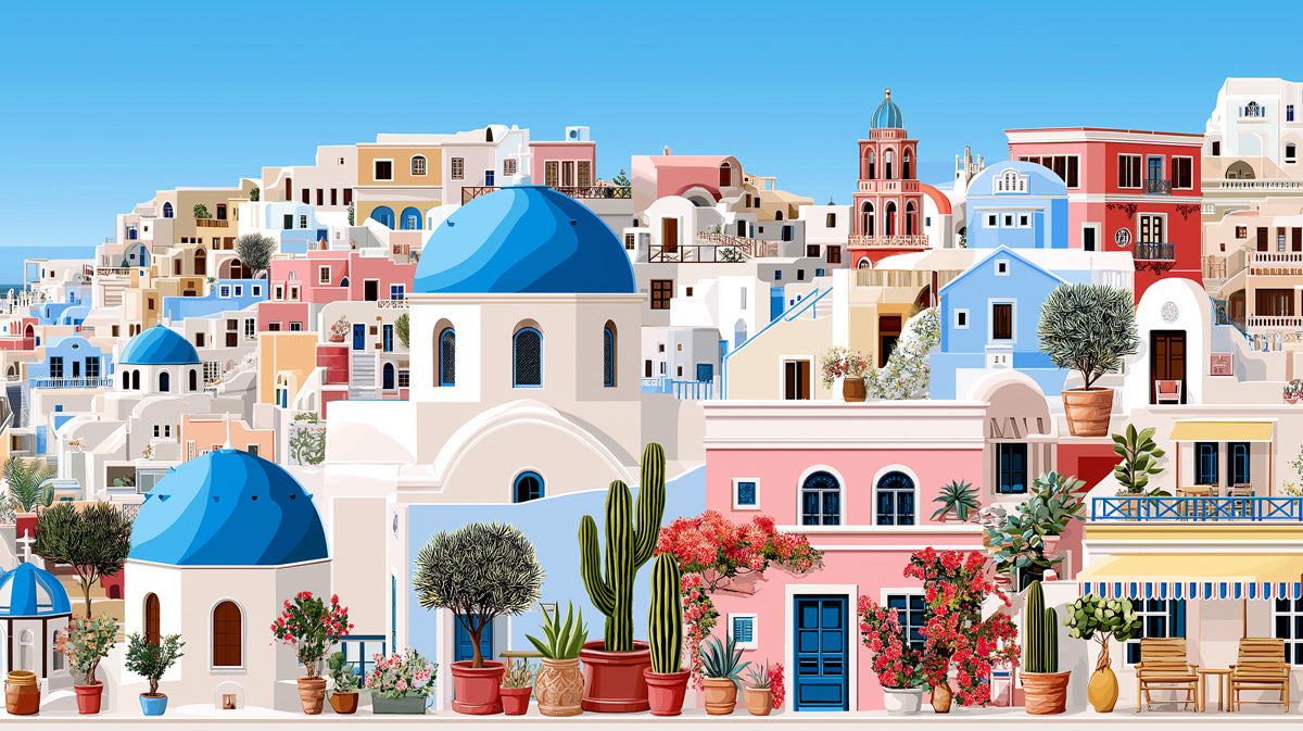 Detailed Mediterranean Hillside Village Mural Wallpaper | Colorful Pink Buildings, Blue Domes, Scenic Coastal