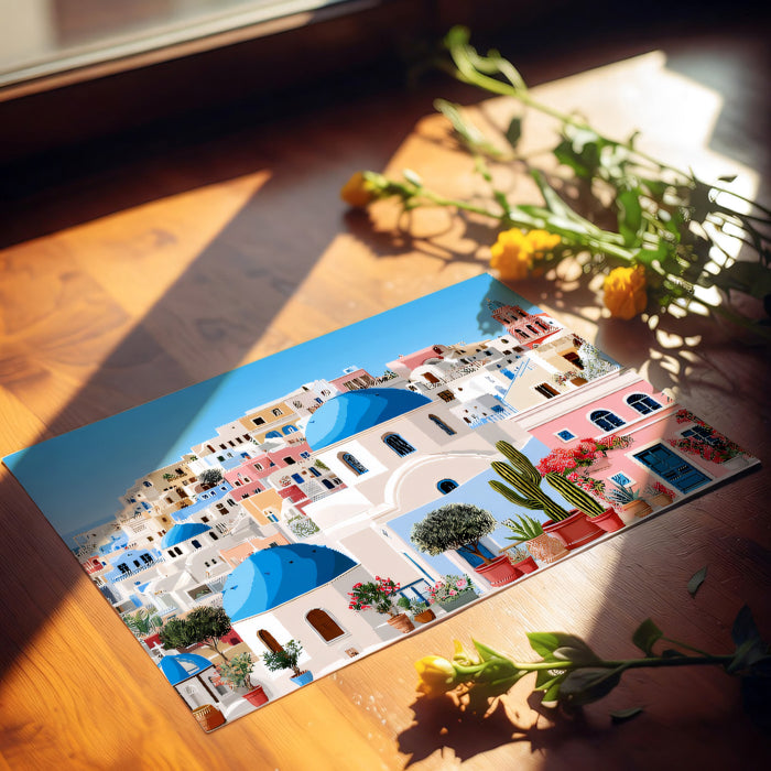 Detailed Mediterranean Hillside Village Mural Wallpaper | Colorful Pink Buildings, Blue Domes, Scenic Coastal