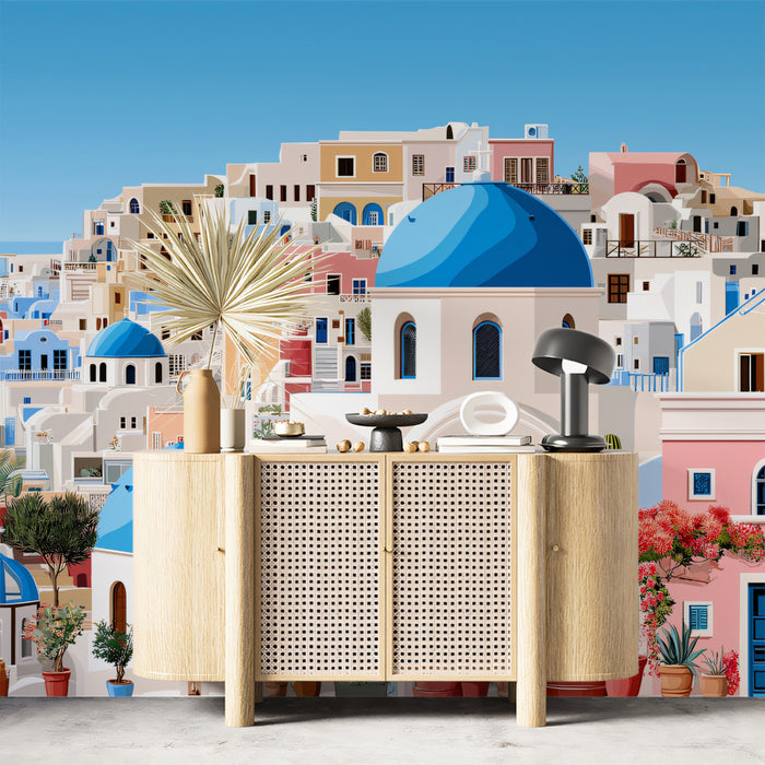 Detailed Mediterranean Hillside Village Mural Wallpaper | Colorful Pink Buildings, Blue Domes, Scenic Coastal