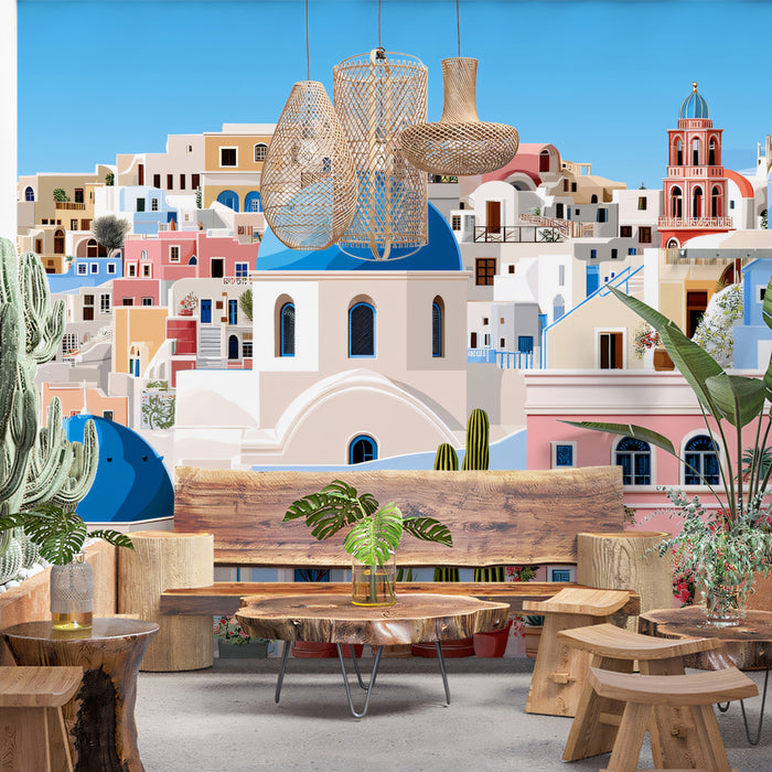 Detailed Mediterranean Hillside Village Mural Wallpaper | Colorful Pink Buildings, Blue Domes, Scenic Coastal