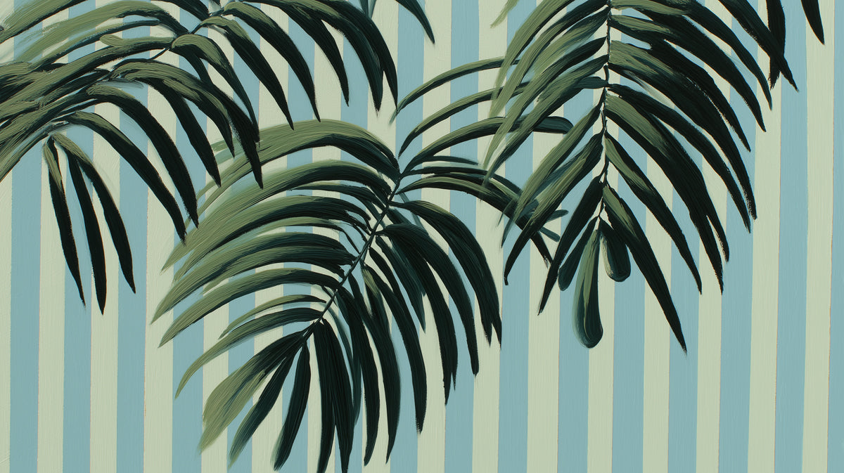 Painterly Tropical Palm Foliage Mural Wallpaper | Dark Green Leaves, Light Blue Stripes