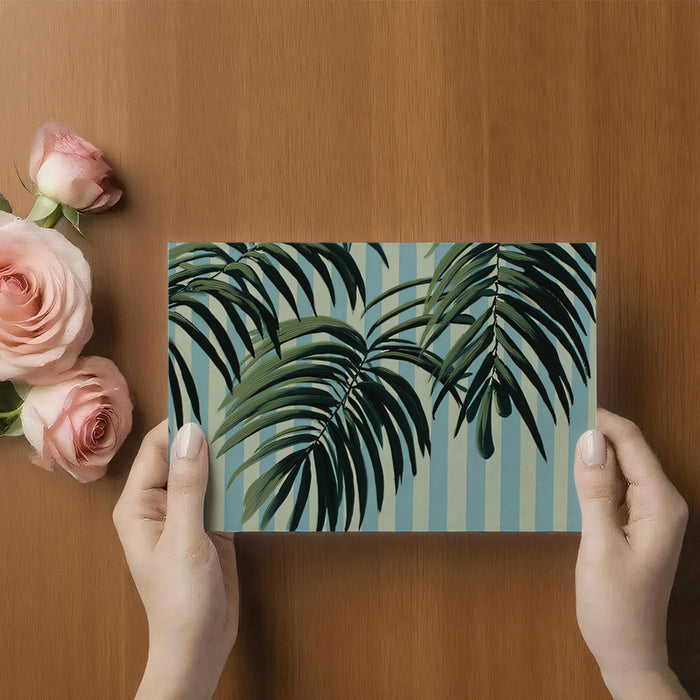 Painterly Tropical Palm Foliage Mural Wallpaper | Dark Green Leaves, Light Blue Stripes