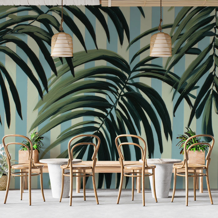 Painterly Tropical Palm Foliage Mural Wallpaper | Dark Green Leaves, Light Blue Stripes